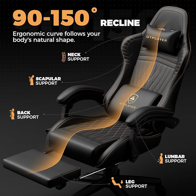 GTPLAYER ACE-PRO Music Gaming Chairs – Built-in Speakers, App Support & Bluetooth Control, Computer Game Chairs with Footrest for Adults, Ergonomic, Reclining, Linkage Armrest, Black & Orange Stitch - Image 8