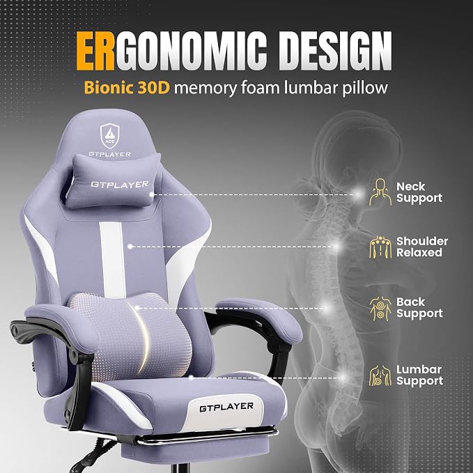 GTPLAYER Gaming Chair with Foot Rest & Pocket Spring Cushion, Breathable Fabric for Home Office Desk, Ergonomic High Back Computer Chair with Headrest & Lumbar Support, Lavender Purple - Image 5