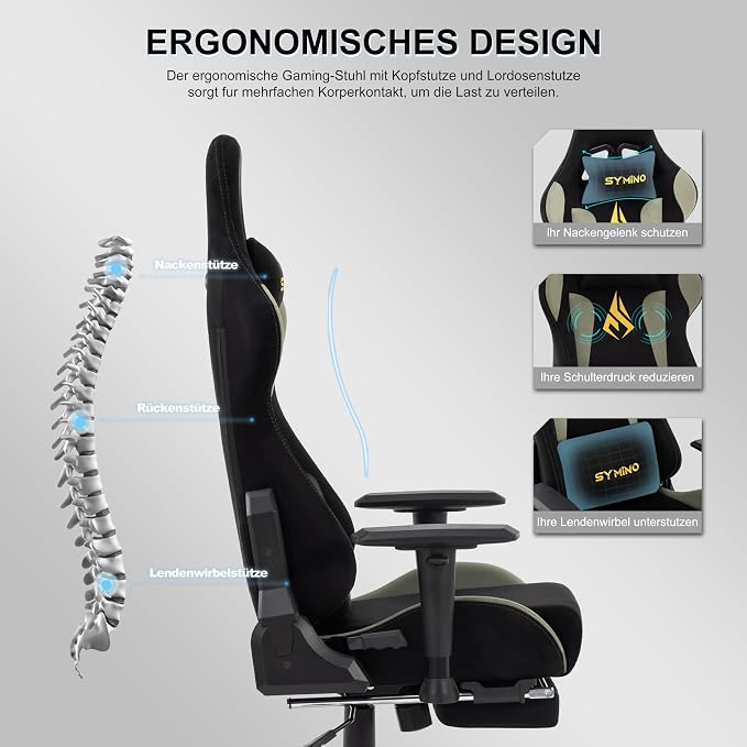 Symino Gaming Chair, High Back Ergonomic Office Chair with 2D Adjustable Armrests, 150° Recline, Breathable Faux Suede, Adjustable Headrest & Footrest for Home Office - Image 4
