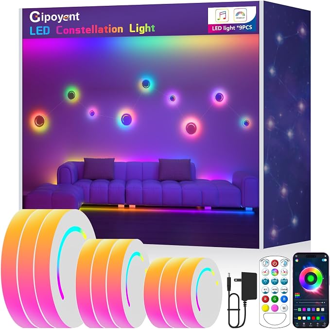 GIPOYENT Smart Wall Light, 9-Piece LED DIY Constellation Light, RGB Color Changing, Music Sync, App & Remote Control, Ambient Lighting for Bedroom, Living Room, Gaming, and Home Decor by GIPOYENT