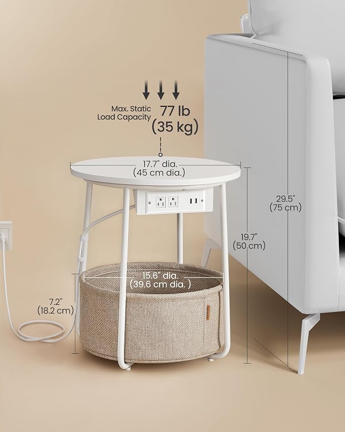 VASAGLE Side Table with Charging Station,Fabric Basket, Round End Table - Image 2