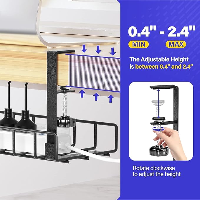 Under Desk Cable Management Tray 2 Pack, Xpatee Wire Management No Screws, Cable Tray with Clamp for Wire Management, Computer Code Rack for Office, Home - No Damage to Desk Black - Image 4