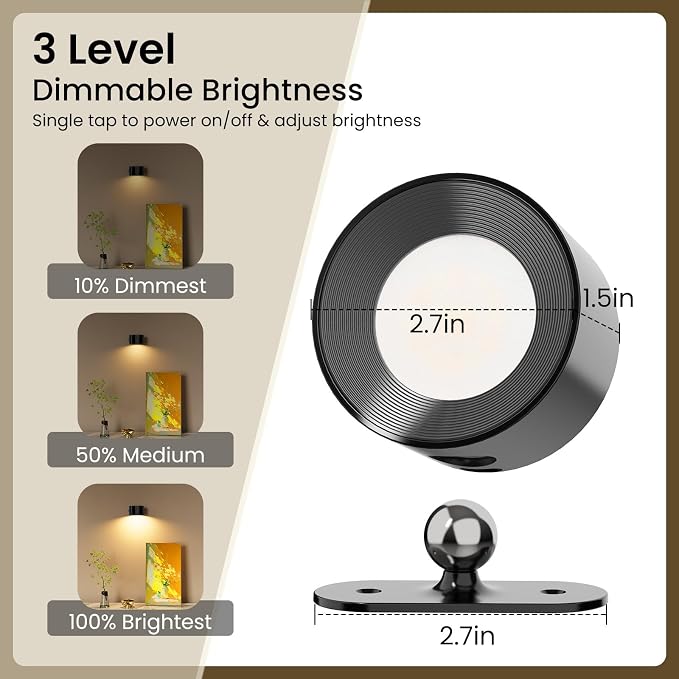 Koopala 2PCS Rechargeable Battery Operated LED Wall Lamps, Wall Mounted Lights with 3 Brightness 3 Color Temp Removable Charging 360°Rotate Magnetic, Cordless Wall Sconces for Reading Bedside-Black - Image 3