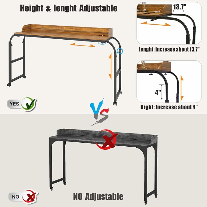 HWB Overbed Desk with Charging Station-Over Bed Table-Adjustable Length/Height with Wheels - Human Sensor LED Light Mobile Queen Size Bed Table Rolling Tray Table for Eating & Laptops, Brown - Image 7
