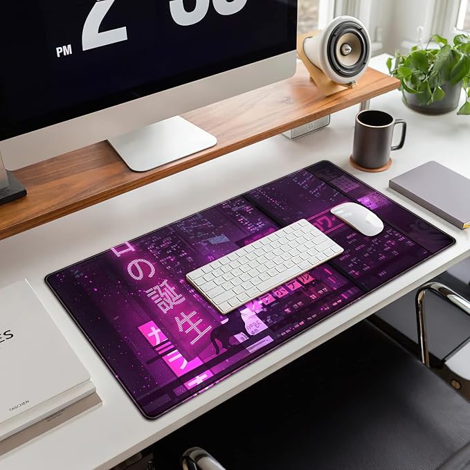 Purple Gaming Mousepad Japanese Desk Mat XXL Extended Anime Cool Large Mouse Pad Keyboard Mouse Mat Desk Pad for Computer Laptop Gamers 31.5''X15.7'' Non-Slip Rubber Base with Stitched Edges - Image 4