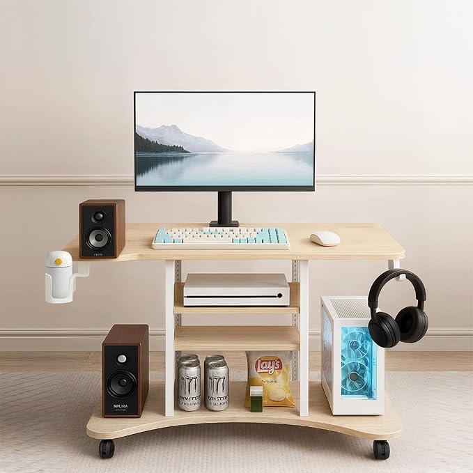 EUREKA ERGONOMIC Gaming Desk Computer, 37" Rolling Desk on Wheels for Small Space, Mobile Computer Cart with Pegboards Adjustable Shelves for Gaming PS Switch, Craft Station, Home Office - Maple - Image 2