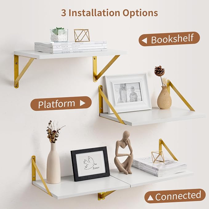 Axeman Deep Floating Shelves for Wall, 12 Inch Deep White and Gold Shelves Set of 2, 16W x 12D White Wood Wall Shelves with Golden Brackets for Bedroom Bathroom Living Room Kitchen - White & Gold - Image 5