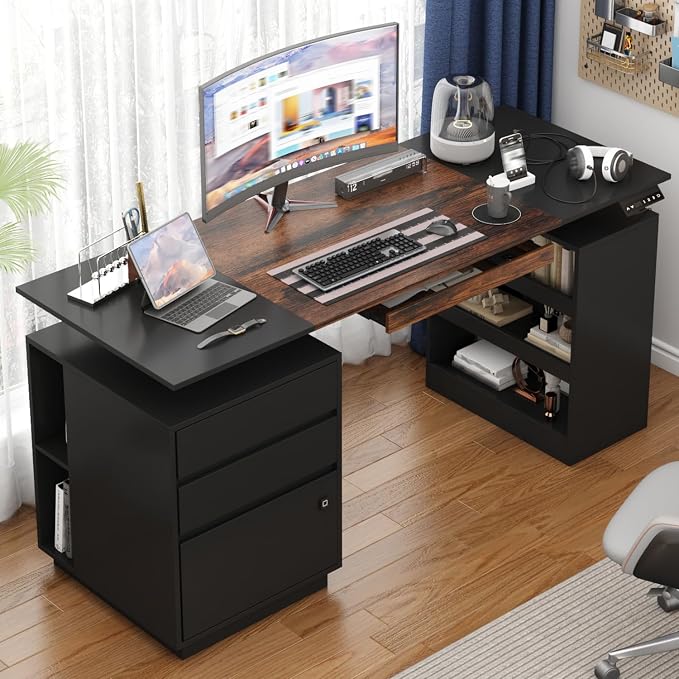 63" Electric Standing Desk with Lockable Drawer, Pegboard and Keyboard Tray, Height Adjustable Stand up Desk with File Cabinet & Shelves, Home Office Computer Gaming Table, Black by ROMSHINE