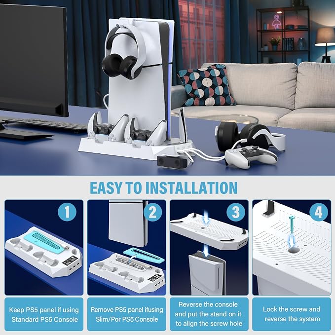 PS5 Slim Stand and Cooling Station with Controller Charging Station for Playsation 5 Slim&Standard Disc/Digital Console, PS5 Accessories Incl. Controller Charger/Turbo Fan/3 USB Hub/Headset Holder - Image 7