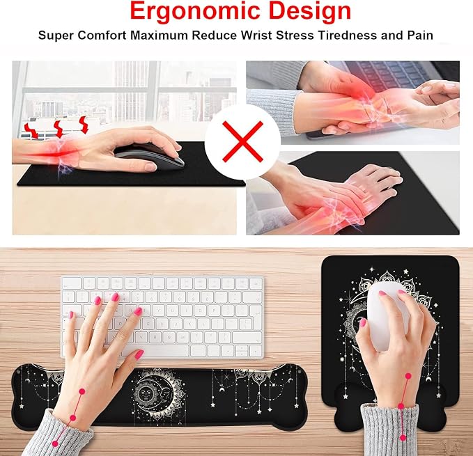 Wrist Rest Support Ergonomic Gel Mouse Pad and Memory Foam Keyboard Set, Non-Slip Rubber PU Base for Home Office Working Studying Easy Typing & Pain Relief, Celestial Theme Sun with Crescent Moon - Image 3
