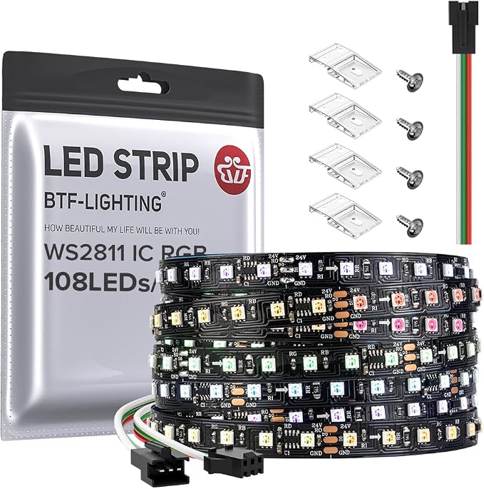 BTF-LIGHTING WS2811 IC RGB 24.6FT DC24V 108LED/m 8mm Width LED Strip Light by BTF-LIGHTING