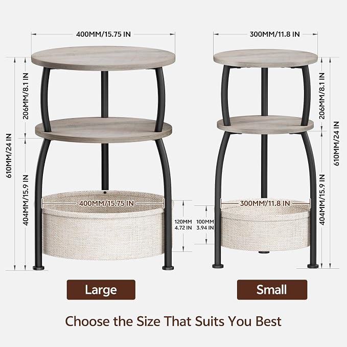 Round Side Table with Storage Basket, End Table Living Room, Greige - Image 3