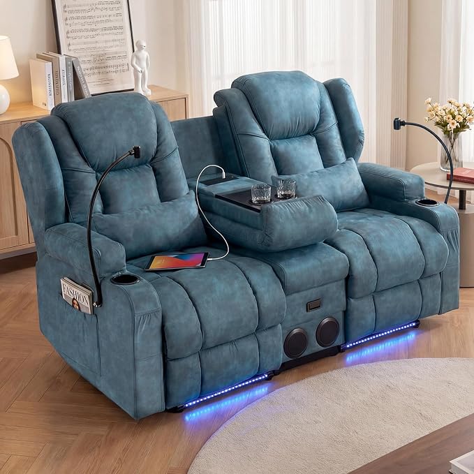 Redlife Power Loveseat Recliner Sofa with Console, Blue LED Lights - Image 2