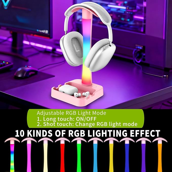 Headphone Stand with Charger,Gaming Headset stand with RGB Light Mode,For Airpod Max Stand,Desk Lamp,Phone Holder,Tablet Holder,desktop organizer,Gifts for Gamers & Music Lover (Pink) - Image 3