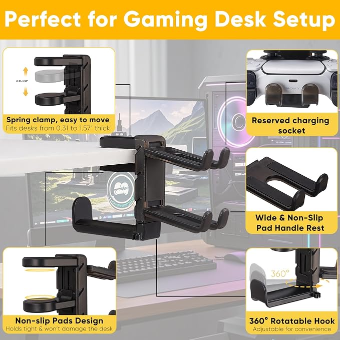 3 in 1 Under Desk Headphone Hanger with Adjustable Clamp Mount, 2 Controller Slots & 1 Headset Universal Holder Stand, Rotatable Hook Rack & Cable Organizer, for Home Gaming Xbox ps5 - Black - Image 3