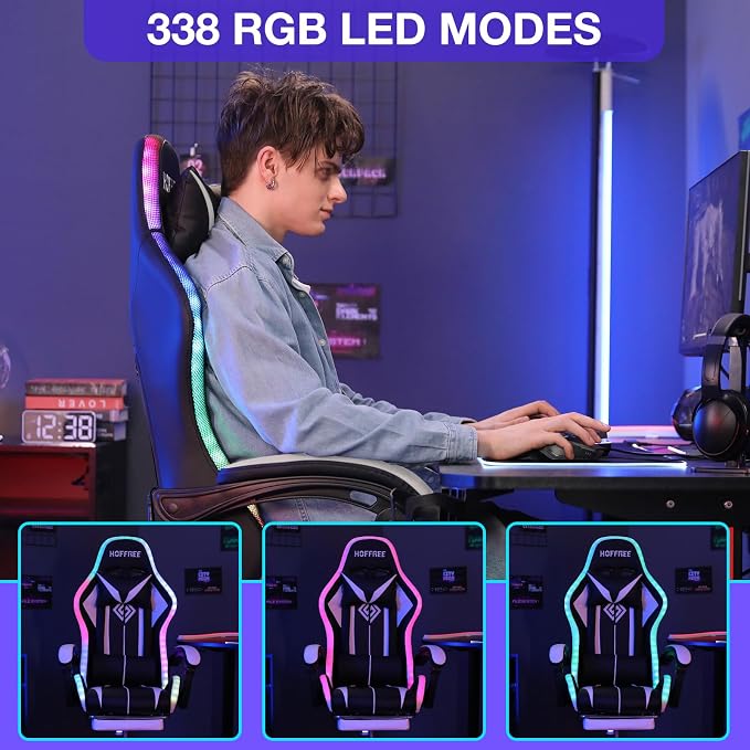 RGB Gaming Chair with LED Lights Massage Ergonomic Computer Chair-White | High Back Video Game Chair with Footrest & Adjustable Lumbar Support Gamer Chairs for Adults Racing Style Recline - Image 4