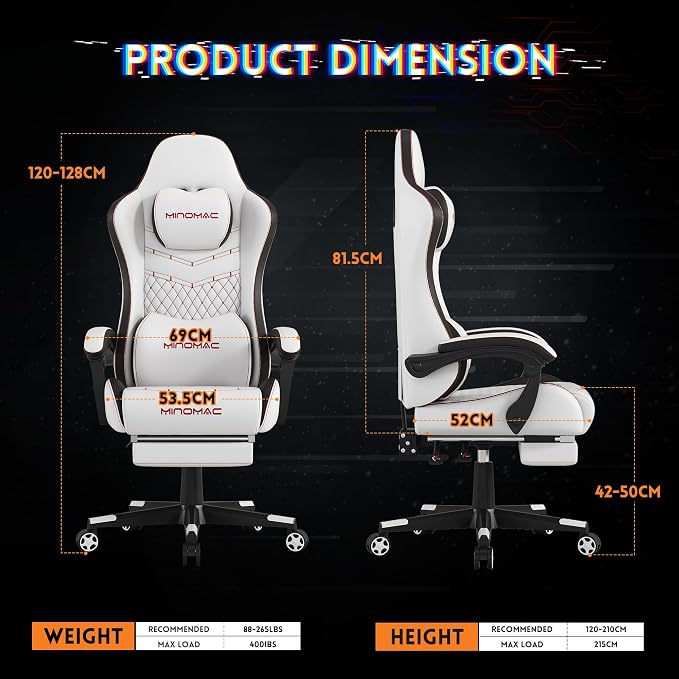 Gaming Chair,Big and Tall Gaming Chair 400lbs Office Chair with Footrest, 90-155° Recline & Removable Headrest Lumbar Support[Spring + 4D Sponge] (White) - Image 3