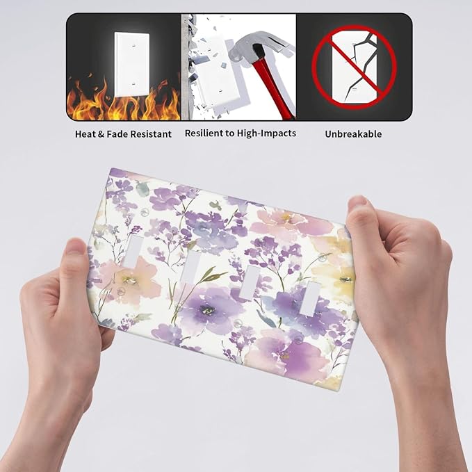 Decorative Switch Plate Covers Purple Floral Watercolor Wildflower 4 Gang Light Switch Cover Plate Quad Toggle Wall Plate 4 Hole Electrical Switchplatedimmer Faceplate for Bedroom Decor - Image 6