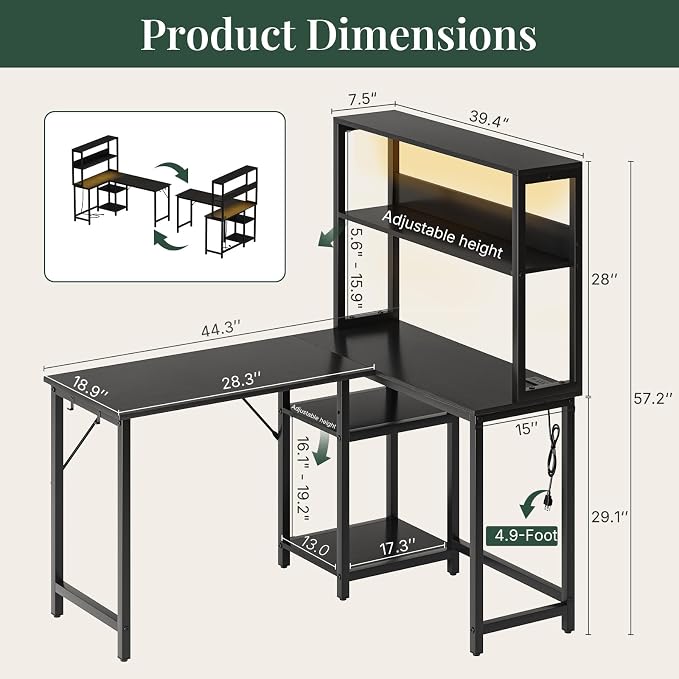 43" L Shaped Gaming Desk Reversible Corner Desk for Home Office - Image 3