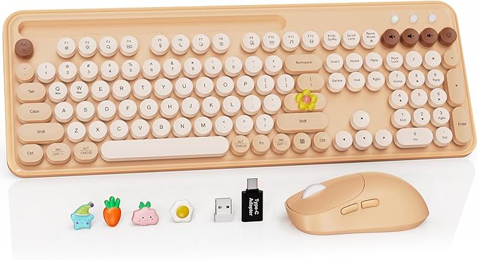 Wireless Keyboard and Mouse Combo, Retro Round Keycaps, Full-Size Typewriter Keyboard with Phone/Tablet Holder, Ergonomic Mouse with 3-Level DPI, 2.4GHz Connection for Windows/PC (Beige Colorful) by SABLUTE