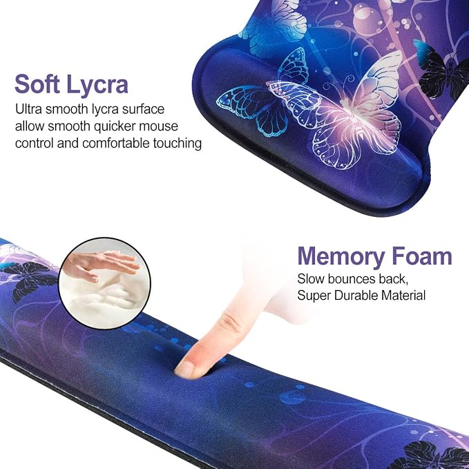 ToLuLu Keyboard Wrist Rest Pad Ergonomic Mouse Pad Set, Gel Mouse Pad for Computer Laptop, Non Slip Mousepad Keyboard Wrist Support Raised Memory Foam for Easy Typing Pain Relief, Art Butterflies - Image 2
