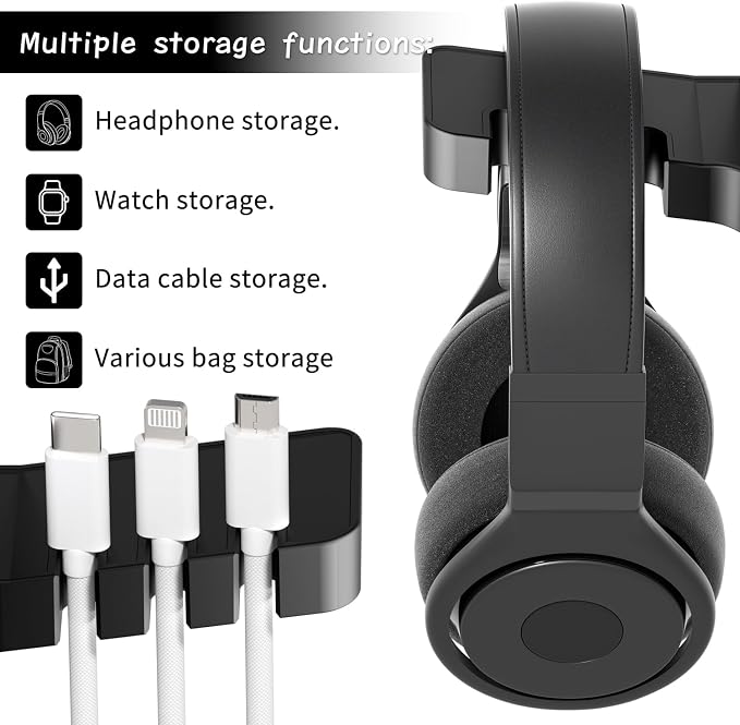cozoo Desk Headphone Holder Hook Headset Watch Cable Bag Storage Black | 2 USB-A & 1 Type-C Ports; Holds Headphones,Watches, Cables, Various Bags,Multifunctional Desk Storage Hook for Gaming Office - Image 5