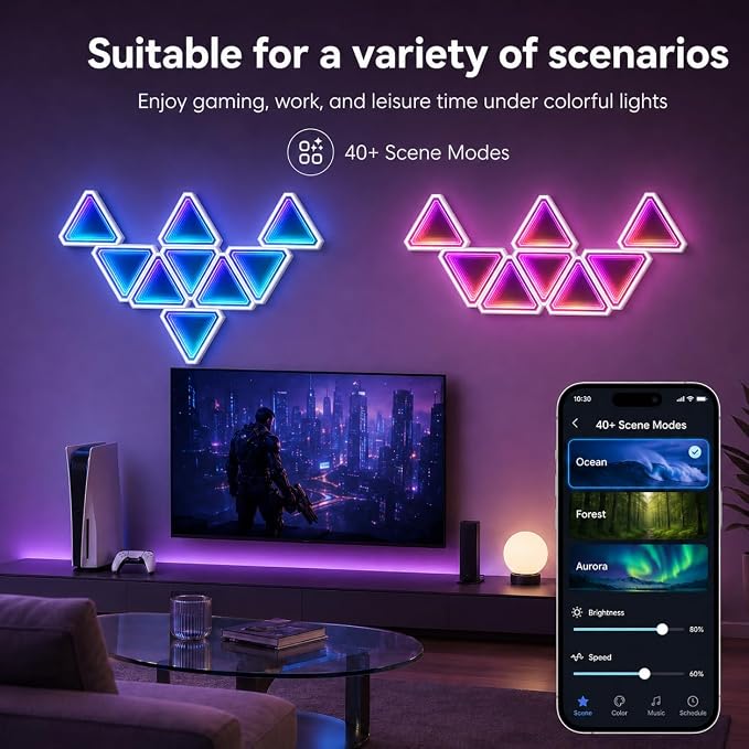 JSqianCH 8 Pack Triangle RGB LED Wall Lights, 3D Tunnel Effect Smart Light Panels with App, Remote and Music Sync, DIY Modular Gaming Lights for Bedroom, Game Room and Streaming Setup - Image 3