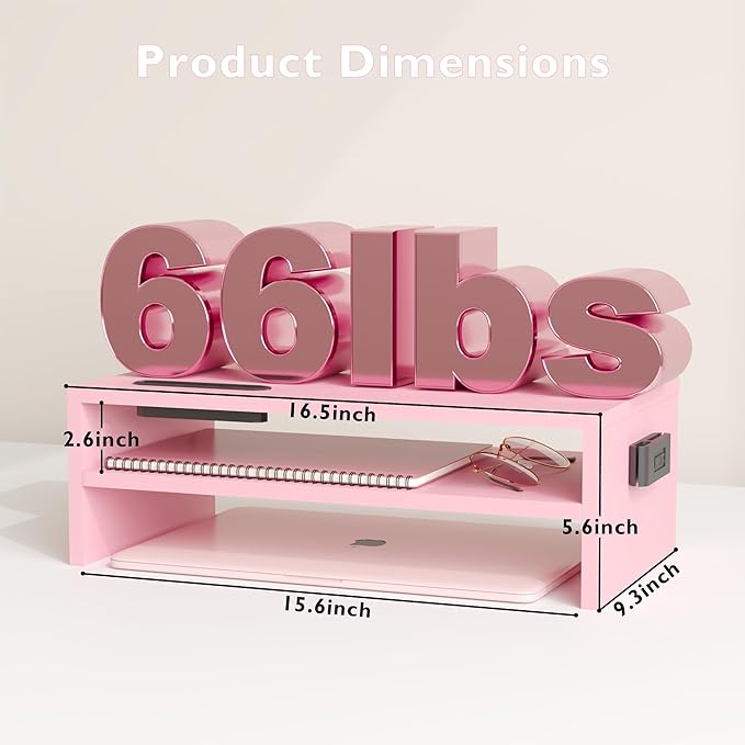 BONTEC Wooden Monitor Stand Riser for Desk, 2-Tier Computer Monitor Stand | 66 lbs Desk Shelf Organizer with Storage, Laptop & Printer Stand with Phone Holder and Cable Management, Pink, 16.5 Inch - Image 3