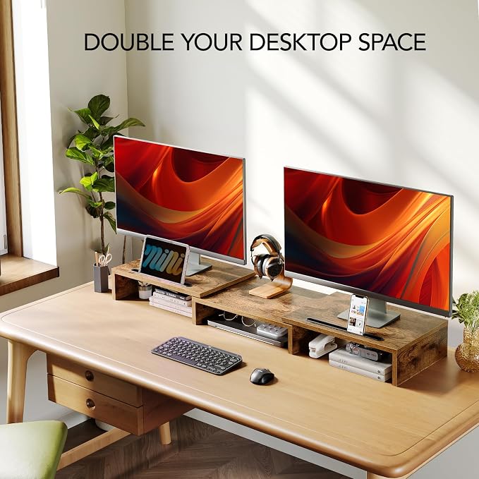 AMERIERGO Dual Monitor Stand Riser- 3 Shelf Screen Stand with Adjustable Length and Angle, 2 Extra Functional Slot Desktop Organizer Stand for PC, Computer, Laptop (Rustic Brown) - Image 3