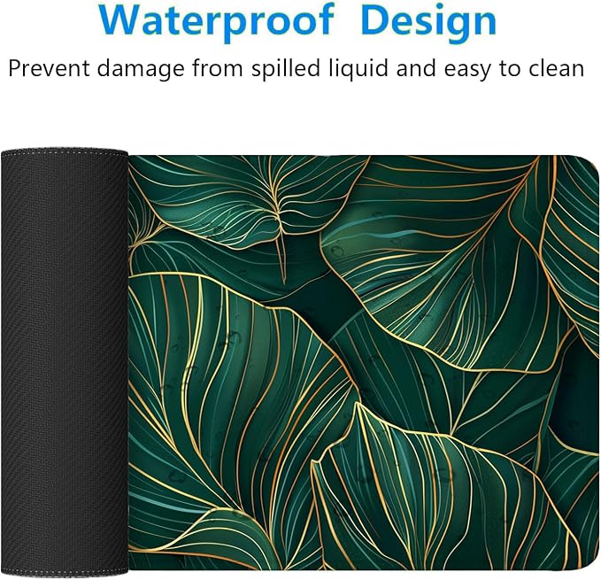 Green Leaves Desk Mat Gaming Mouse Pad Gold Tropical Palm Leaves Large Gaming Mouse Mat with Stitched Edges,Non-Slip Waterproof Rubber Base Mous Mat Office Computer Keyboard Laptop Home 31.5"x11.8" - Image 4