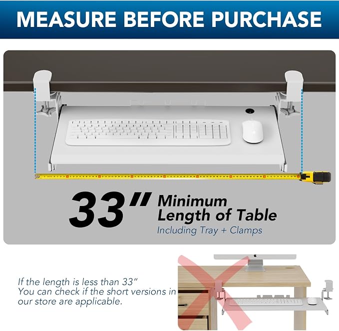 AX WABER Keyboard Tray Under Desk Pull Out with Extra Sturdy C Clamp Mount System, 27.3 (32.5 inch Including Clamps) x 11 Inch Slide-Out Platform Computer Drawer for Typing White AX01WW01 - Image 5