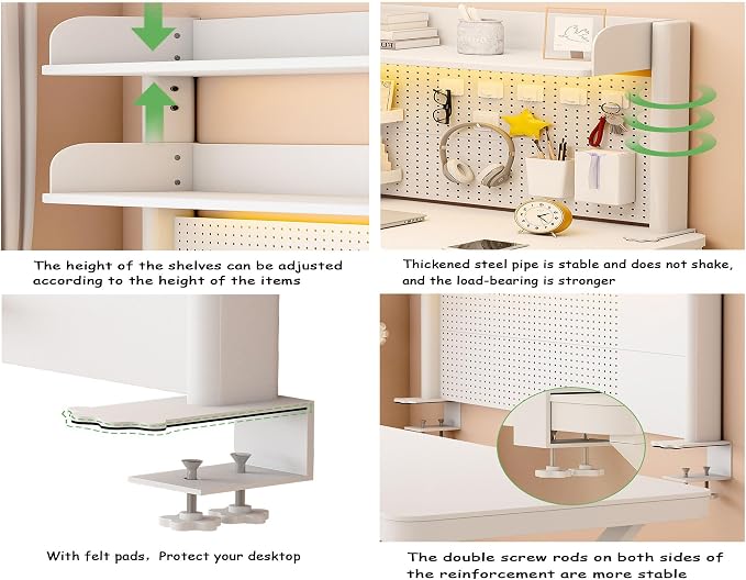 31.5 Inch Clip-on Desktop Organizer Bookshelf with Pegboard, Desk Shelf Organizer, Multipurpose Computer Desk Desktop Bookshelf, Desk Extender Pegboard Clamp, Desktop Display (White) - Image 4
