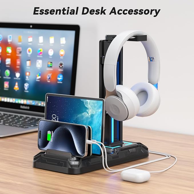 KDD Headset Stand with Charging Station - Detachable Controller Holder with 9 Light Modes - Rotatable Headphone Hanger with USB A&C Charger Ports - Earphone Hook for PC Gaming Accessories Storage - Image 8