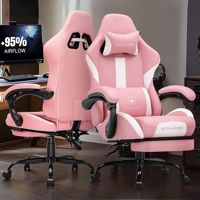 GTPLAYER Gaming Chair with Pocket Spring Cushion, Leather Office Chair with Ergonomic High Back & Lumbar Support for Back Pain Relief, Computer Game Chair for Adults, Pink - Image 2