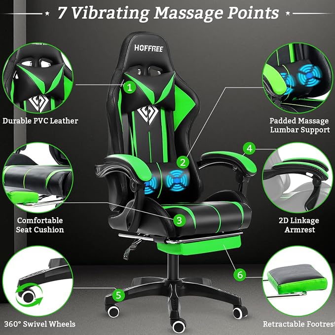 RGB Gaming Chair with LED Lights Massage Ergonomic Computer Chairs-Green | High Back Video Game Chair with Footrest & Adjustable Lumbar Support Gamer Chairs for Adults Racing Style Recline - Image 5