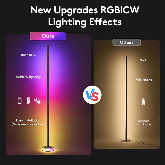 59" Smart LED Corner Floor Lamp, RGBICW Color Changing Ambient Lighting, App Control Music Sync Mood Light, Modern Dimmable Room Decor for Bedroom, Living Room, Gaming Setup, Black - Image 2