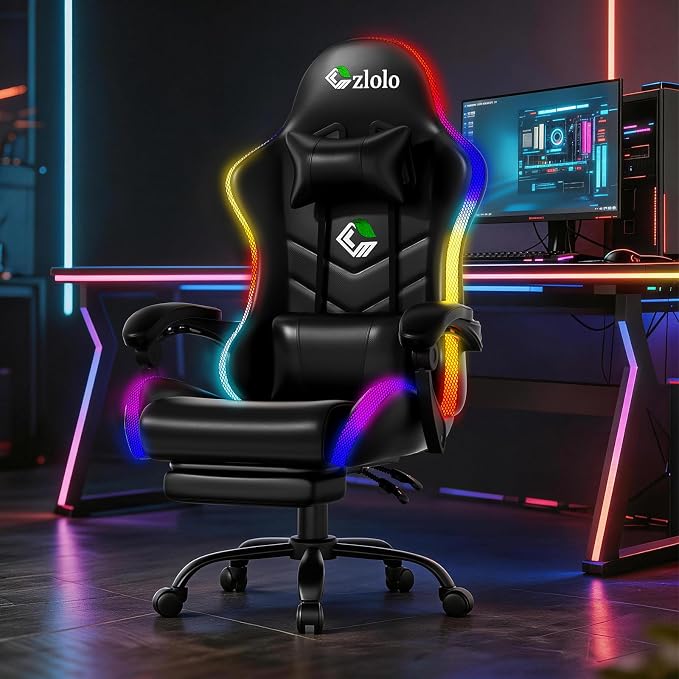 Czlolo Gaming Chair, RGB LED Lights Computer Chair with Footrest, Lumbar Support Massager Gamer Chair, High Back, 90-135° Reclining, Linkage Armrests, Black - Image 3
