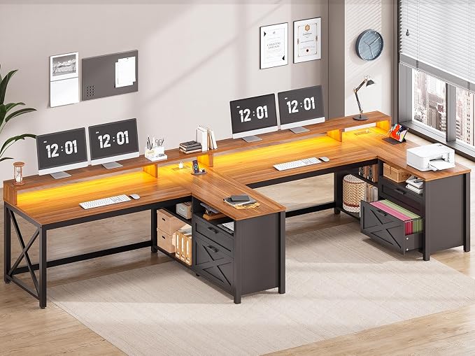 SEDETA L Shaped Gaming Desk with Drawers, 55" Farmhouse Computer Desk with File Drawer and Storage Shelves, Corner Gaming Desk with LED Lights and Monitor Shelf, Black and Brown - Image 3