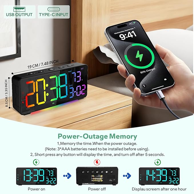 Digital Alarm Clocks for Bedrooms, RGB Desk Clock with 15 Color Display, Date Temperature and Weekday, DST, Snooze, 2 Alarms, Ambient Lighting for Living Room, Bedside Office Gaming Desk Decor - Image 4