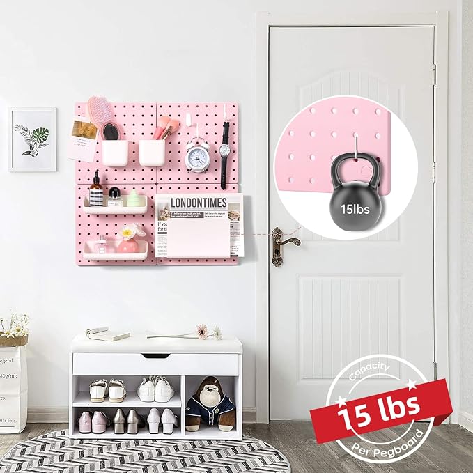 VUSIGN Peg Board Combination Kit 22"x22" Pegboards, Pink | Pegboards and Accessories, Two Installation Modes, Pegboard Organizer Kit 4 Panels & Accessories for Wall - Image 5
