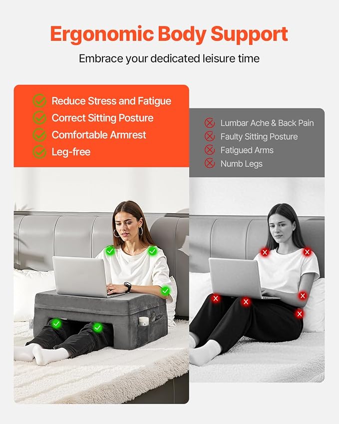 VEVOR Reading Pillow for Gaming, Extra Large Lap Desk Pillow with Pockets and Cup Holder, Laptop Pillow with Memory Foam Bed Rest, Bed Pillow for Sitting Up for Gaming, Reading, Resting, Working, Grey - Image 5