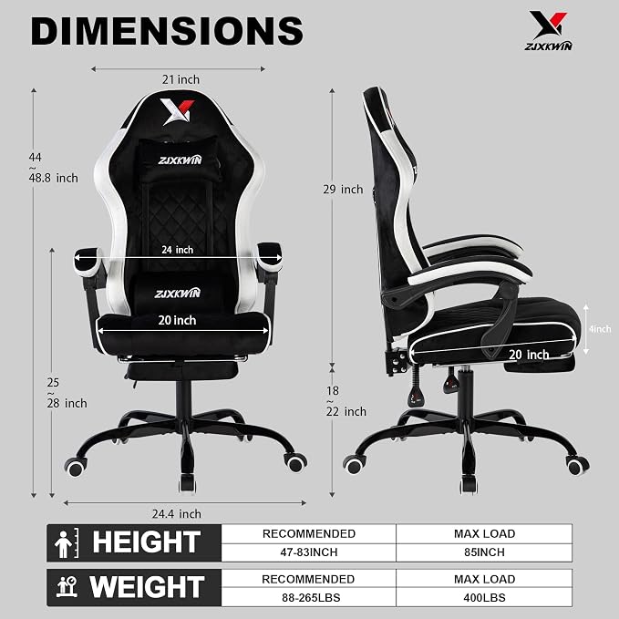 Gaming Chair for Adults,400lbs Computer Chair for Home Office,White | Velvet Ergonomic High Back Racing Chair with Footrest,20'' Wide Spring Cushion,90-135° Recline,Heavy Duty Metal Base, - Image 3