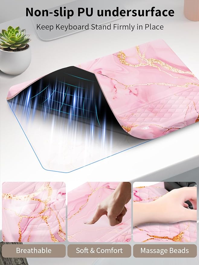 3-in-1 Ergonomic Keyboard Stand with Wrist Rest & Mouse Pad Set,Pink Marble | Comfy Keyboard Riser Holder Soft Mousepad with Massage Design, Memory Foam and Non-Slip PU Base for Pain Relief - Image 6