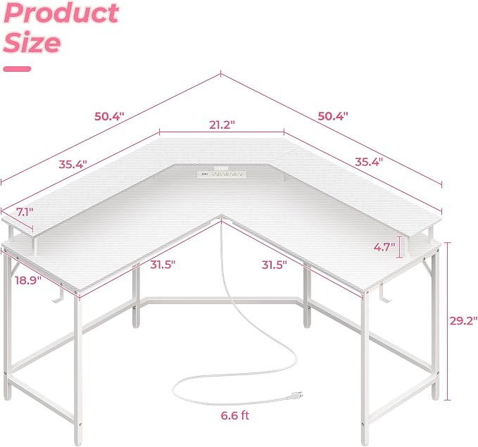 Huuger L Shaped Gaming Desk with Power Outlets & LED Lights, Computer Desk with Monitor Shelves, Carbon Fiber Surface, Home Office Desk, Corner Gaming Desk with Hooks, Carbon Fiber White - Image 3