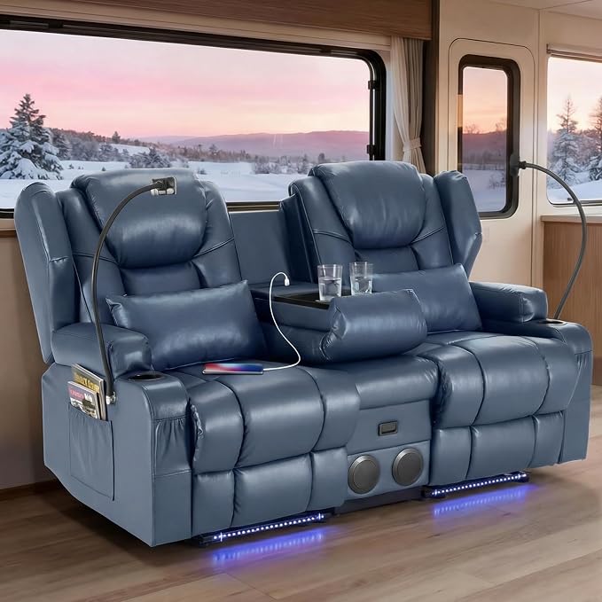 Redlife Power Loveseat Recliner Sofa with Console, Blue LED Lights - Image 2