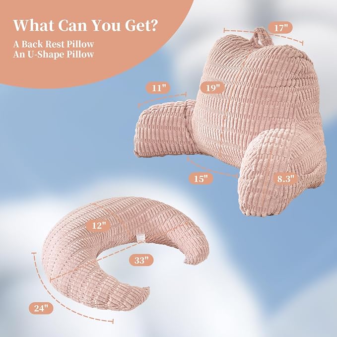 17" Reading Pillow for Bed,U Shaped Arm & Elbow Support,Pink Corduroy | Backrest Supports Back,U Shaped Lap Pillow Cushions Arms,Elbows & Wrists,Ribbed Corduroy for Reading,Gaming,Watching TV - Image 3