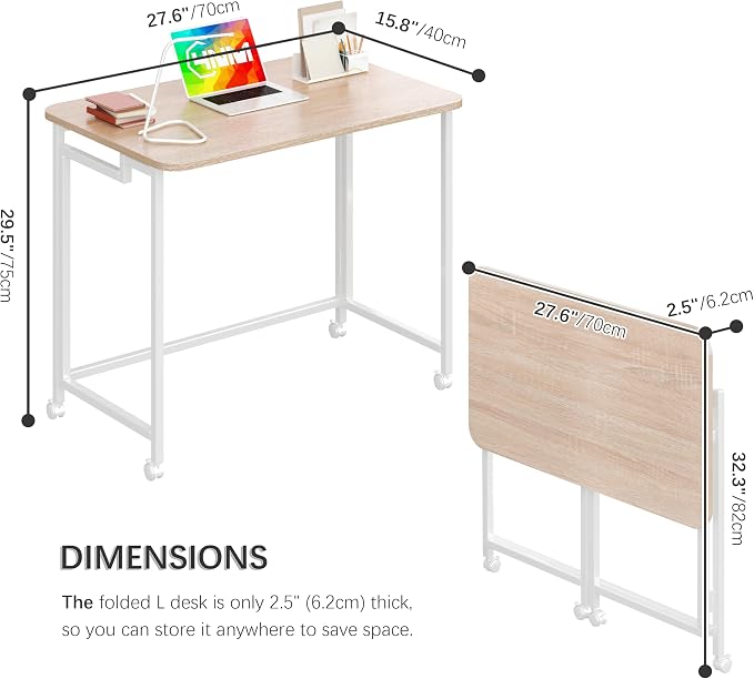 4NM 27.5" Mobile Small Rolling Computer Desk, Folding Laptop Cart Table with Wheels, Portable Office Desk for Small Space Couch Bed - Natural and White - Image 3