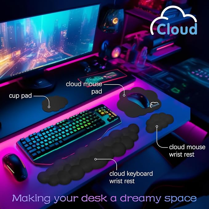 4 in 1 Ergonomic Leather Cloud Wrist Rest Keyboard and Mouse Pad & Coaster | Full 4-Piece Set, Non-Slip PU Base, Soft Memory Foam Comfort For Long Work/Gaming Hours, Cute Desk Decor, Easy To Clean - Image 2