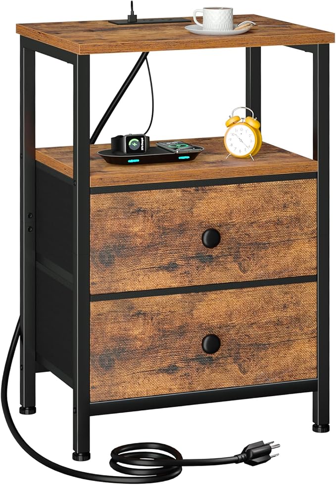 LOAKEKEL Night Stand, Small Nightstand with Charging Station by LOAKEKEL