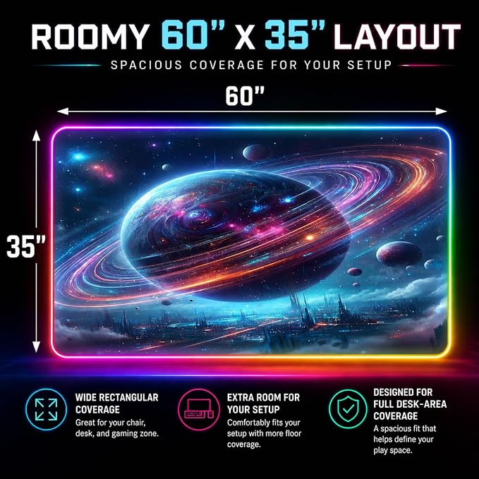 Gaming Rug RGB LED Light (3x5 Cosmic Ring) - Bedroom Gamer Rug Floor Mat Gaming Decor - Kids Room Rug Anti Slip Mat for Gamer Chair – Play Game Room Décor for Teen, Boys, Kids - Image 2